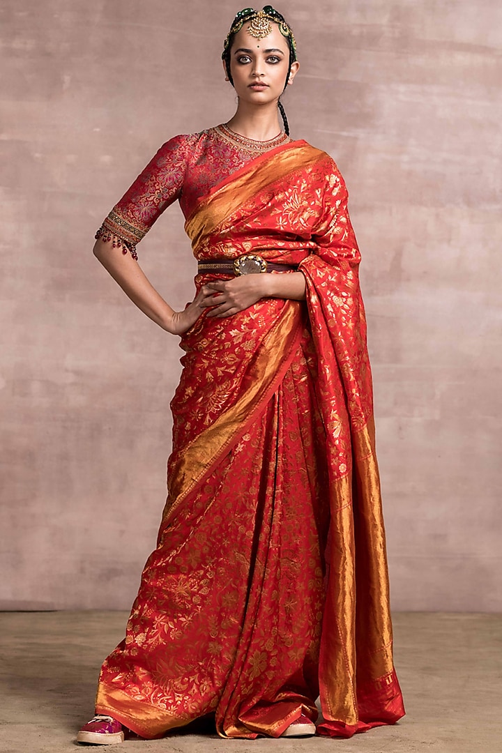 Red Brocade Saree Set by Tarun Tahiliani