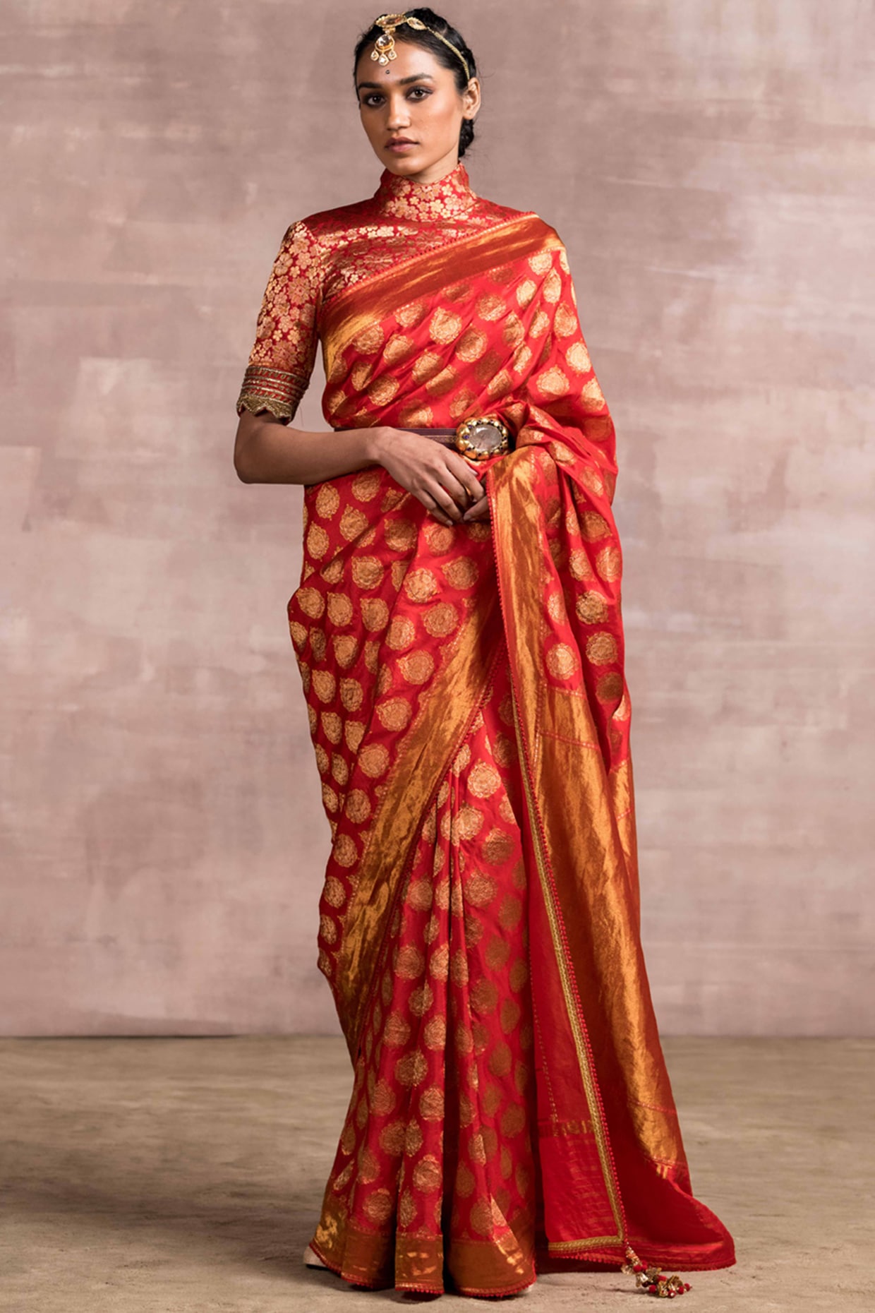 Red Embroidered Brocade Saree – Lashkaraa India