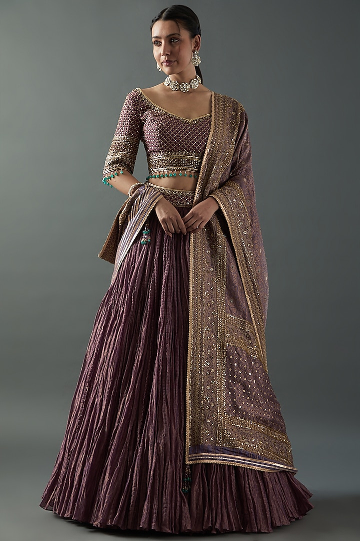 Purple Chanderi Zari Embroidered Bridal Lehenga Set by Tarun Tahiliani at Pernia's Pop Up Shop