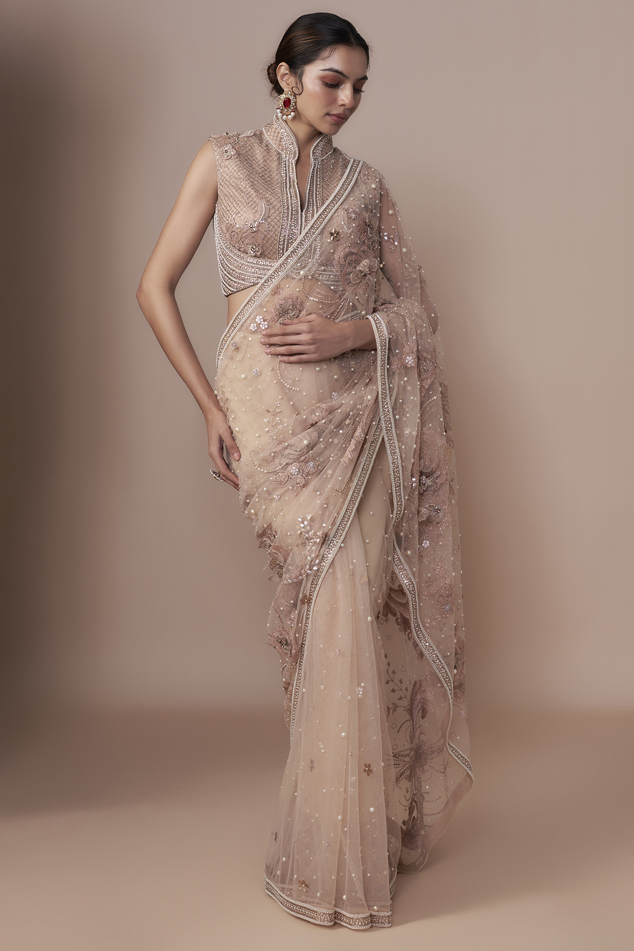 English Rose Net Hand Work Bridal Saree Set by Tarun Tahiliani at Pernia's Pop Up Shop