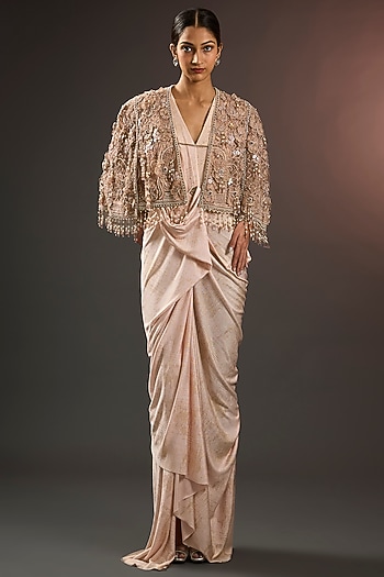 English Rose Pink Polyester Sequins Embroidered Cape Dress by Tarun Tahiliani
