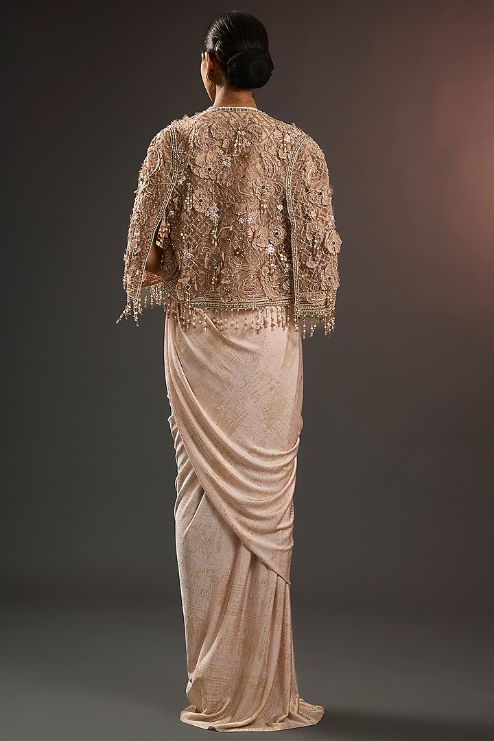 English Rose Pink Polyester Sequins Embroidered Cape Party Wear Dress by Tarun Tahiliani at Pernia's Pop Up Shop