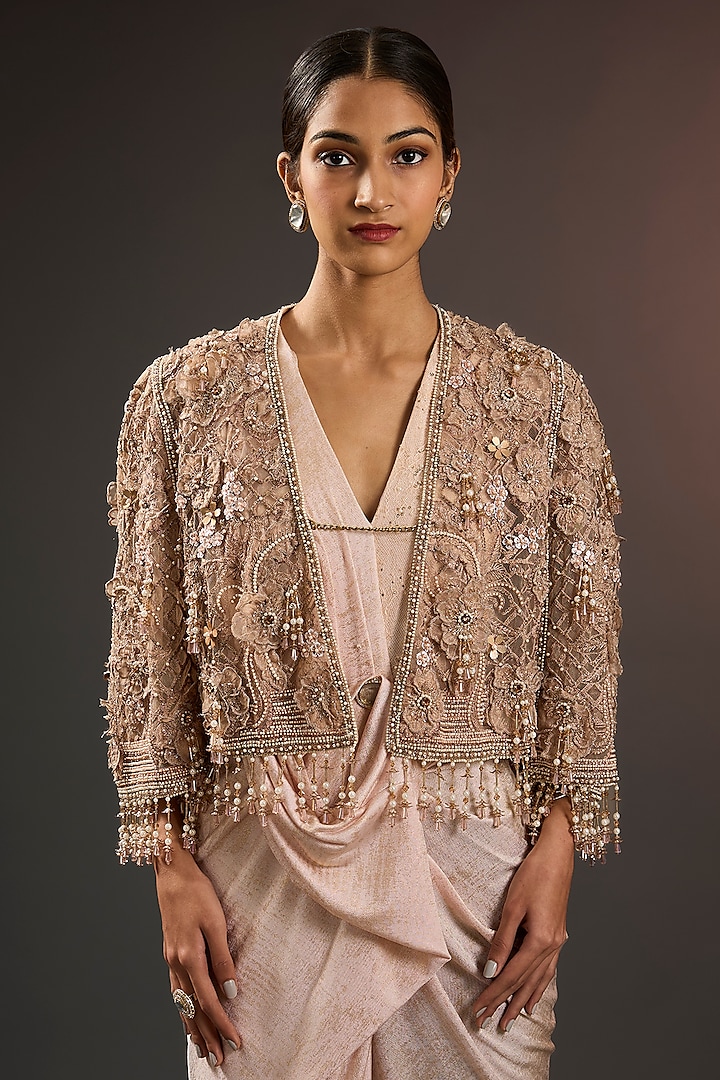 English Rose Pink Polyester Sequins Embroidered Cape Party Wear Dress by Tarun Tahiliani at Pernia's Pop Up Shop