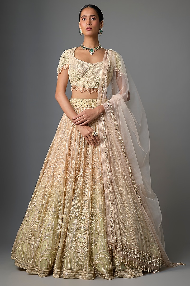 Blush Pink & Mint Net Sequins Embroidered Bridal Lehenga Set by Tarun Tahiliani at Pernia's Pop Up Shop
