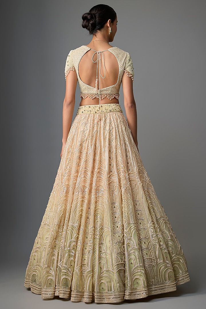 Blush Pink & Mint Net Sequins Embroidered Bridal Lehenga Set by Tarun Tahiliani at Pernia's Pop Up Shop