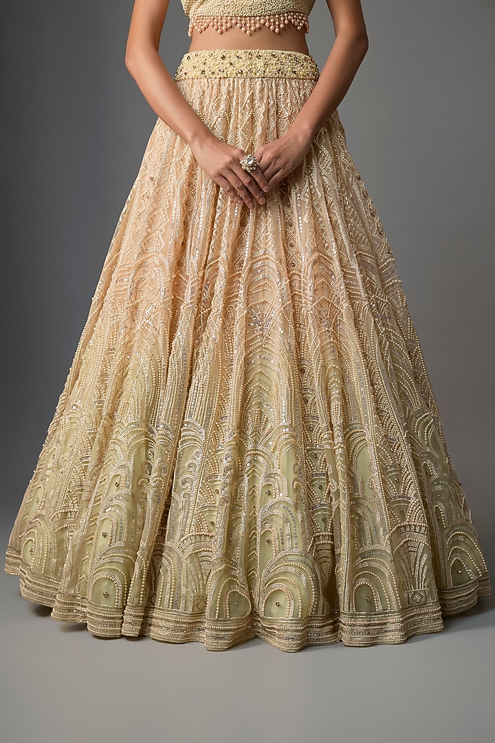 Blush Pink & Mint Net Sequins Embroidered Bridal Lehenga Set by Tarun Tahiliani at Pernia's Pop Up Shop