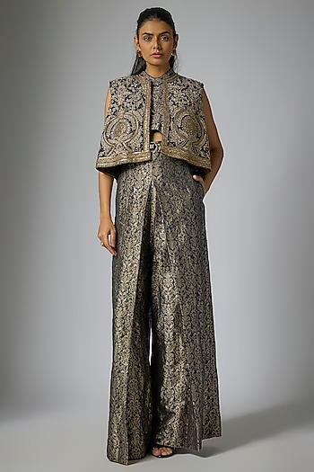 Black & Gold Brocade Embellished Jumpsuit With Gilet by Tarun Tahiliani