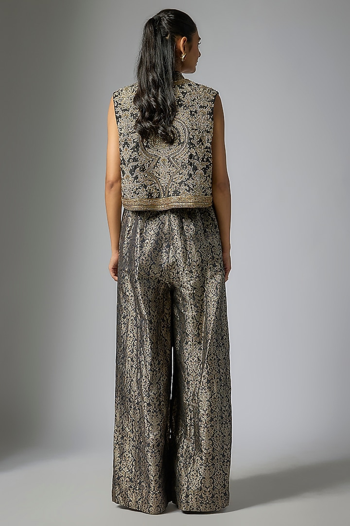 Black & Gold Brocade Embellished Jumpsuit With Gilet by Tarun Tahiliani at Pernia's Pop Up Shop