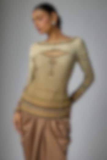 Beige Foil Jersey Printed & Swarovski Crystal Work T-Shirt by Tarun Tahiliani at Pernia's Pop Up Shop