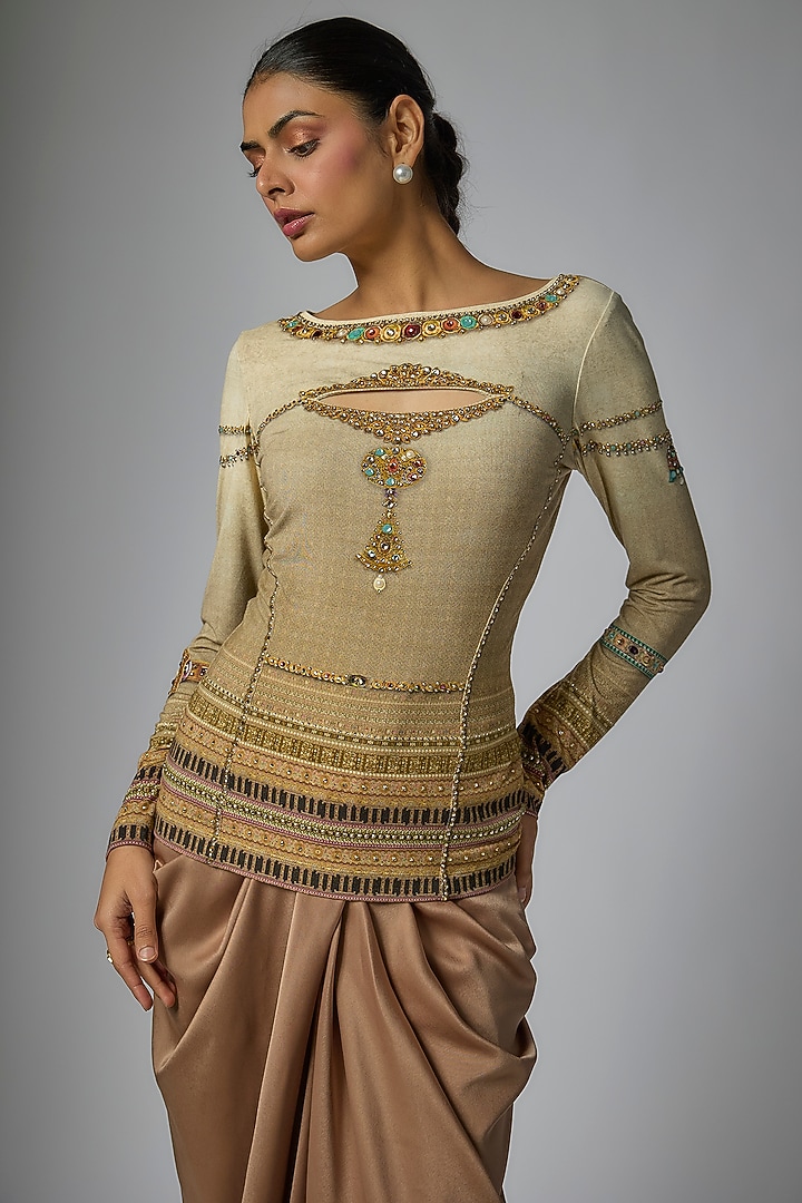 Beige Foil Jersey Printed & Swarovski Crystal Work T-Shirt by Tarun Tahiliani at Pernia's Pop Up Shop