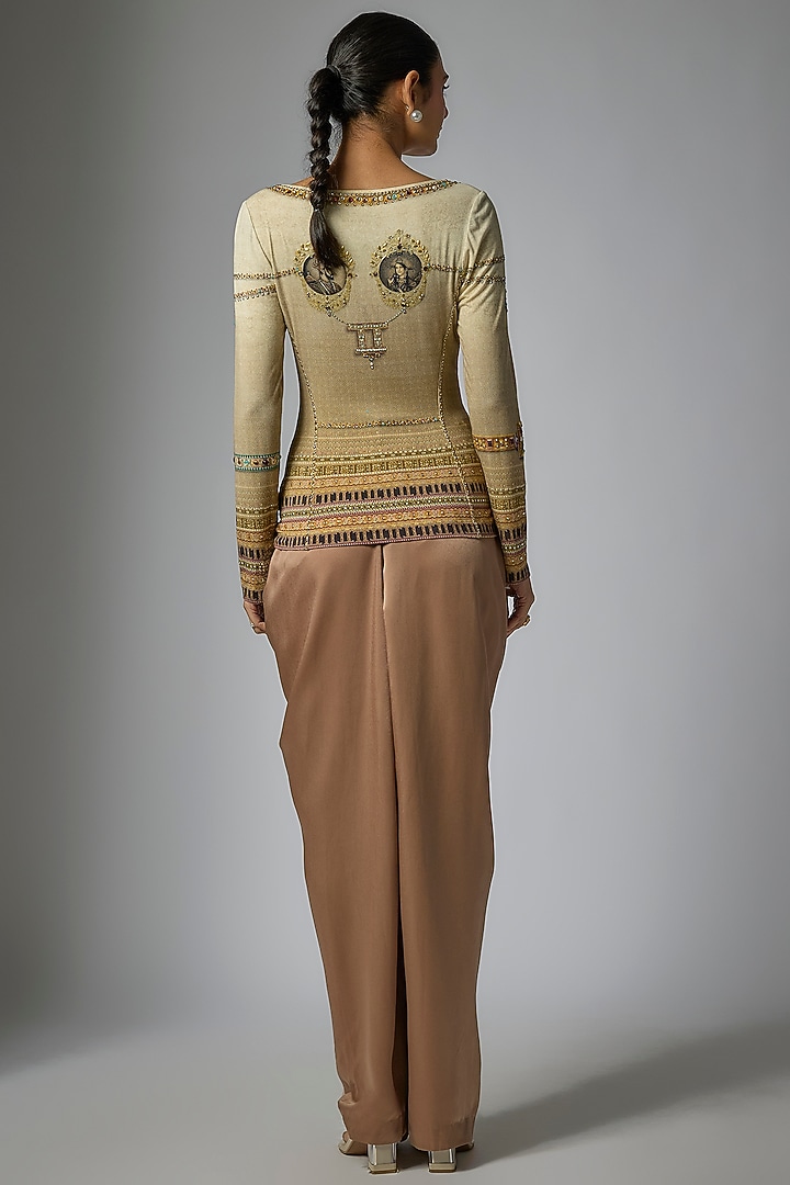 Beige Foil Jersey Printed & Swarovski Crystal Work T-Shirt by Tarun Tahiliani at Pernia's Pop Up Shop