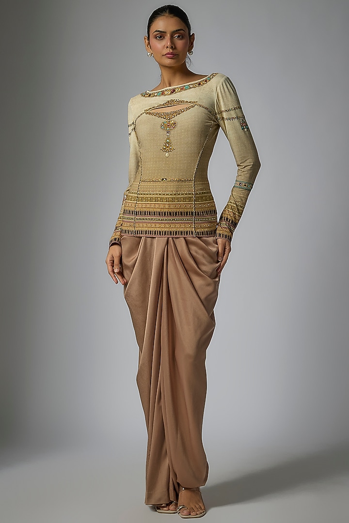 Beige Foil Jersey Printed & Swarovski Crystal Work T-Shirt by Tarun Tahiliani at Pernia's Pop Up Shop