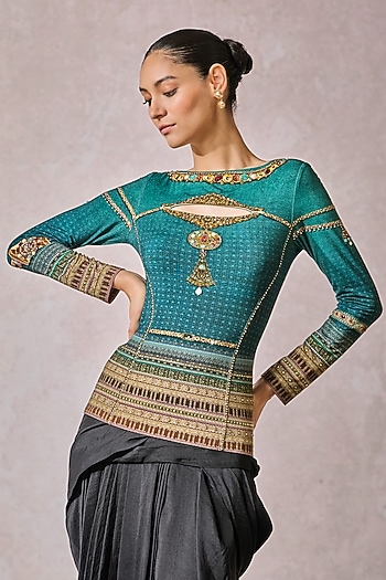 Teal Foil Jersey Metallic Printed T-Shirt by Tarun Tahiliani
