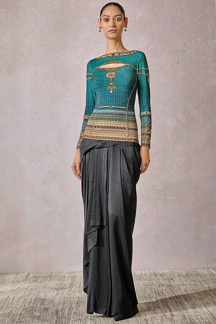 Teal Foil Jersey Metallic Printed T-Shirt by Tarun Tahiliani at Pernia's Pop Up Shop