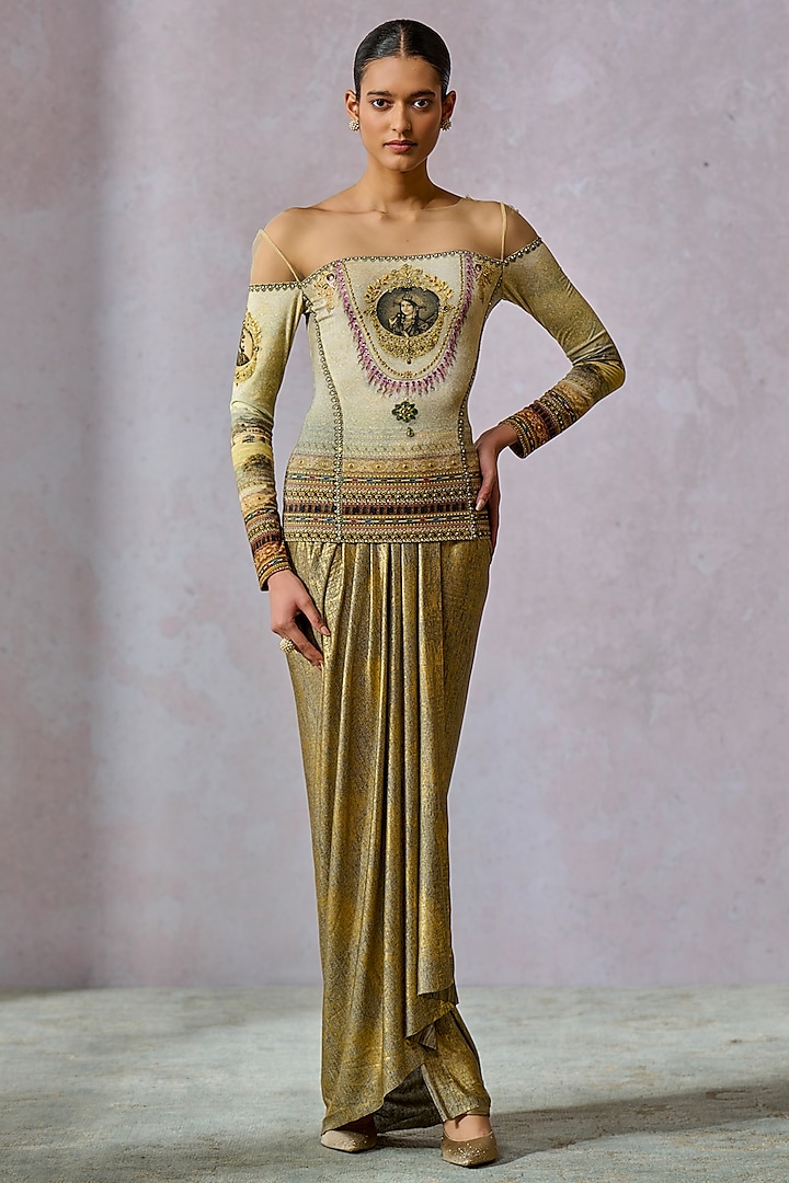 Oyster Foil Jersey Metallic Printed Top by Tarun Tahiliani at Pernia's Pop Up Shop