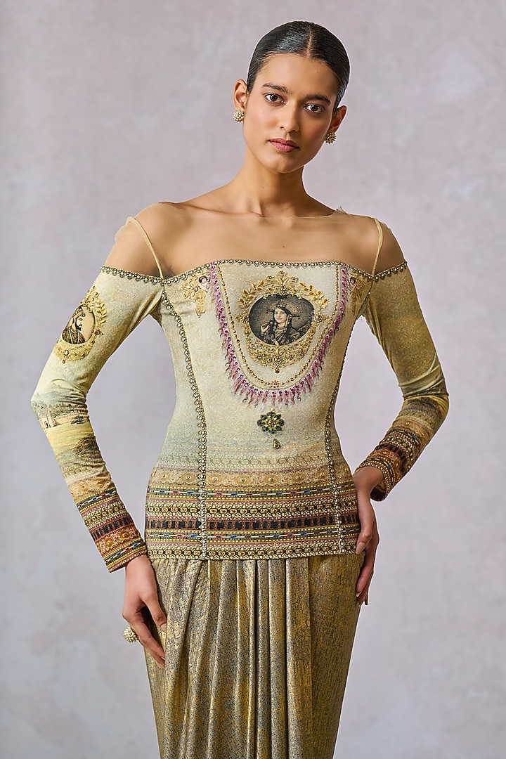 Oyster Foil Jersey Metallic Printed Top by Tarun Tahiliani at Pernia's Pop Up Shop