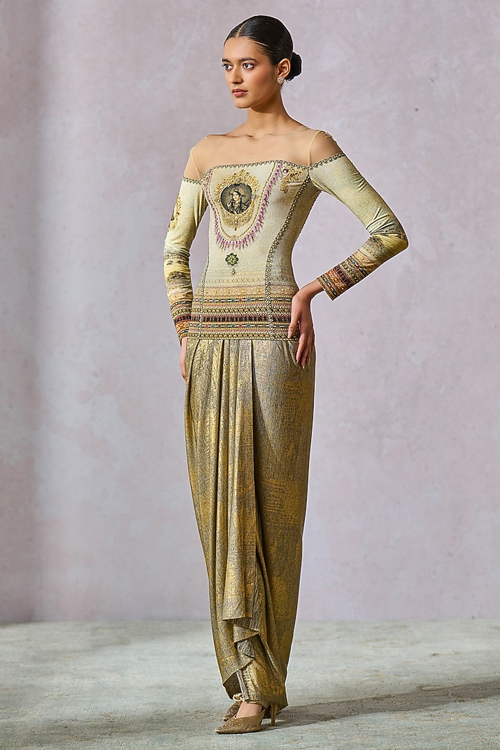 Oyster Foil Jersey Metallic Printed Top by Tarun Tahiliani at Pernia's Pop Up Shop