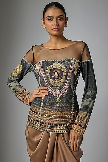 Beige Foil Jersey Printed & Swarovski Crystal Work T-Shirt by Tarun Tahiliani