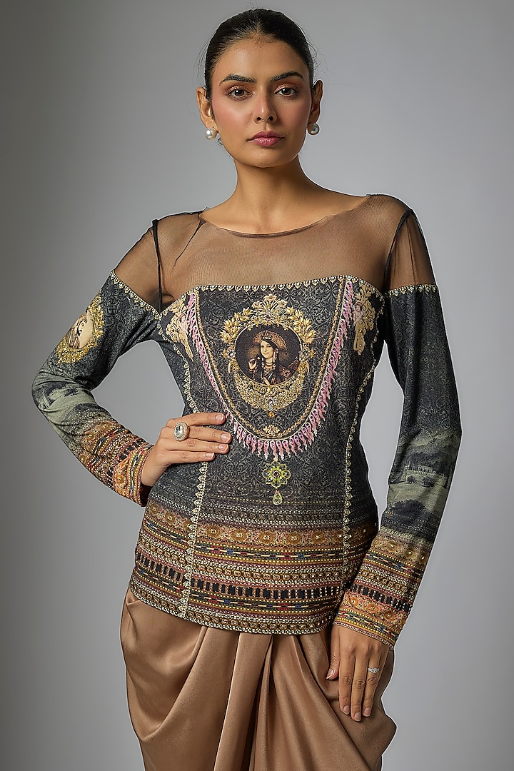 Beige Foil Jersey Printed & Swarovski Crystal Work T-Shirt by Tarun Tahiliani at Pernia's Pop Up Shop