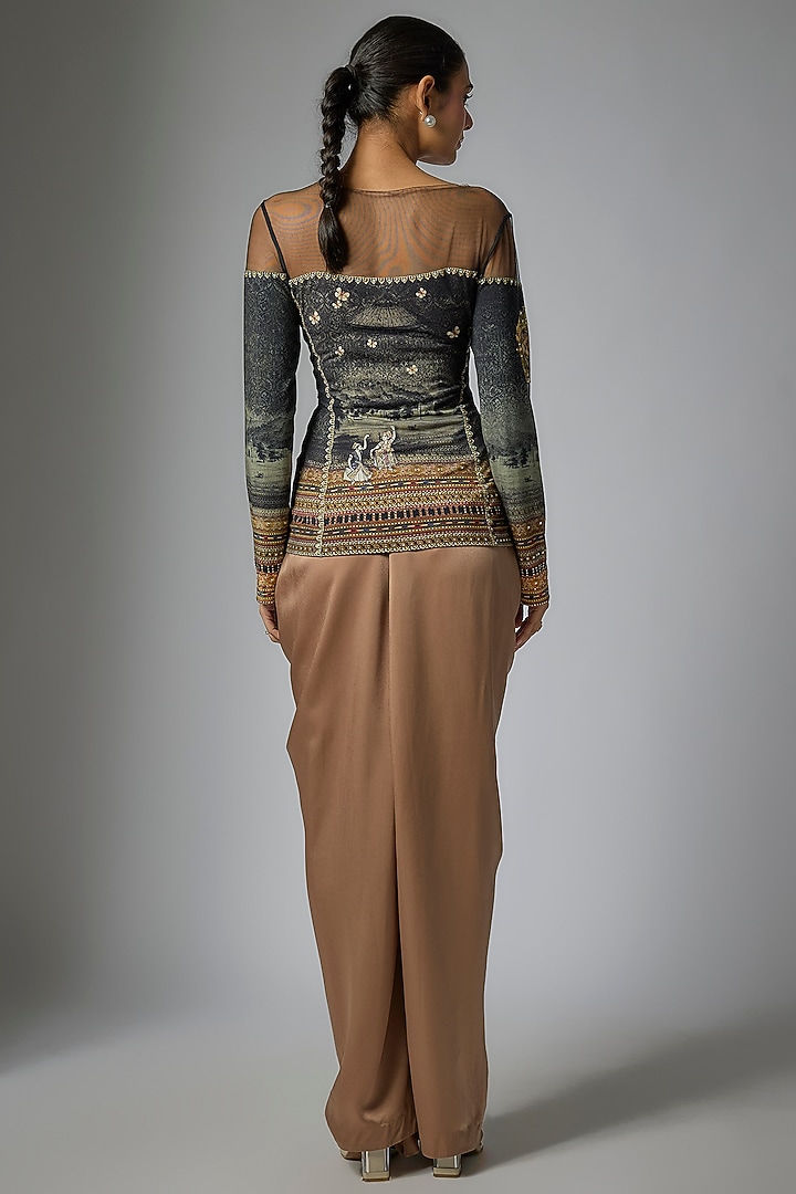 Beige Foil Jersey Printed & Swarovski Crystal Work T-Shirt by Tarun Tahiliani at Pernia's Pop Up Shop