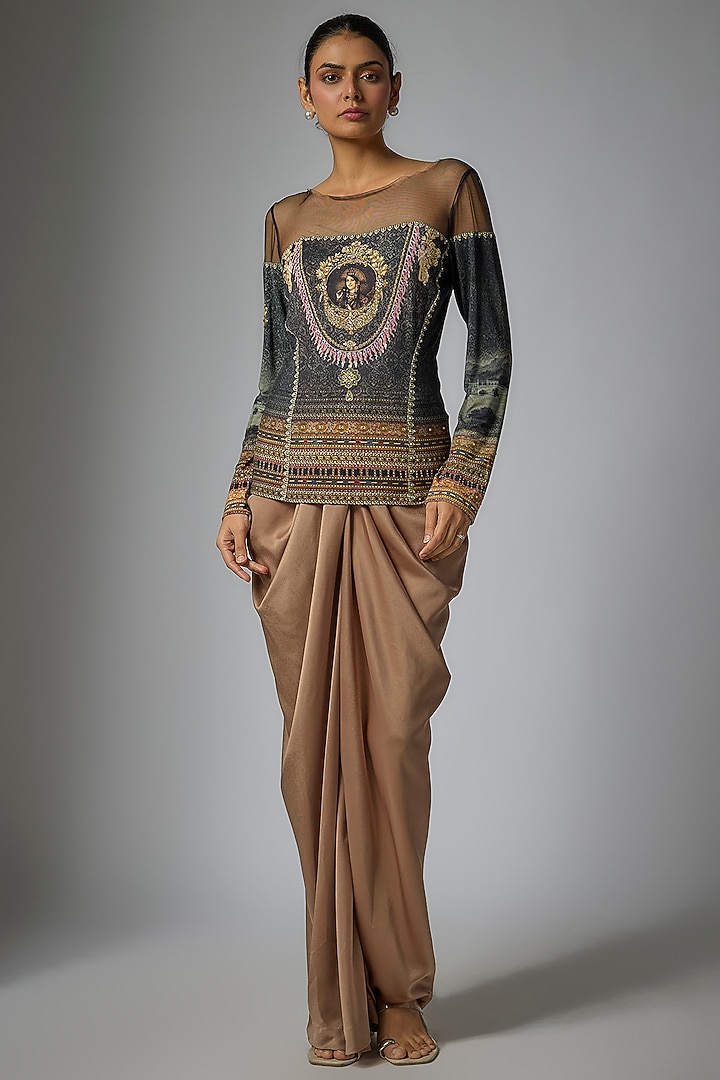 Beige Foil Jersey Printed & Swarovski Crystal Work T-Shirt by Tarun Tahiliani at Pernia's Pop Up Shop
