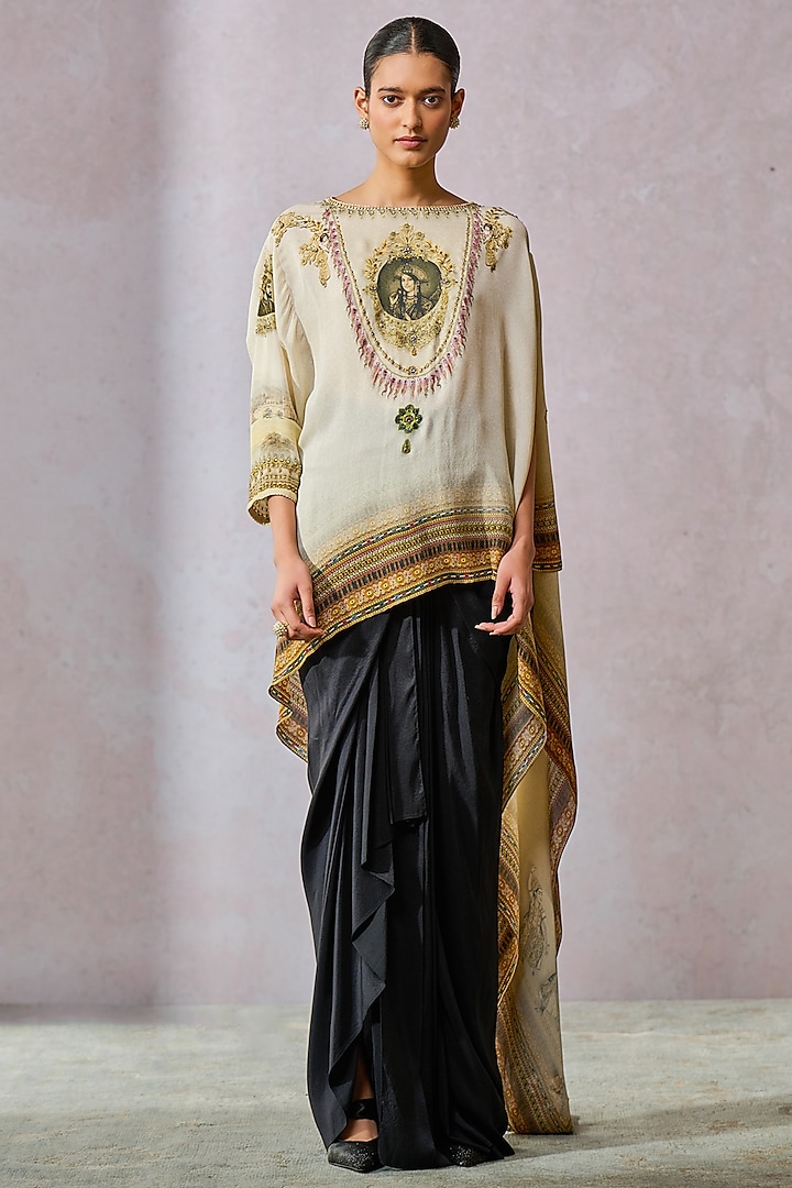 Ivory Georgette Printed Asymmetric Top by Tarun Tahiliani at Pernia's Pop Up Shop