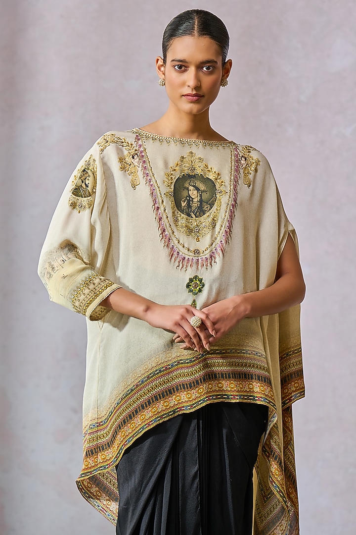 Ivory Georgette Printed Asymmetric Top by Tarun Tahiliani at Pernia's Pop Up Shop