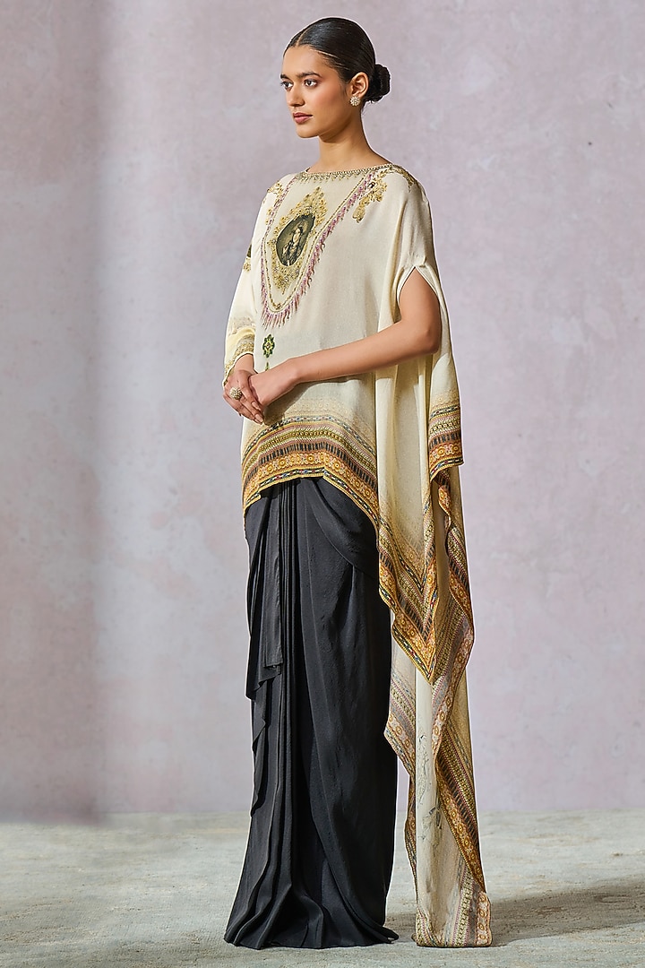 Ivory Georgette Printed Asymmetric Top by Tarun Tahiliani at Pernia's Pop Up Shop