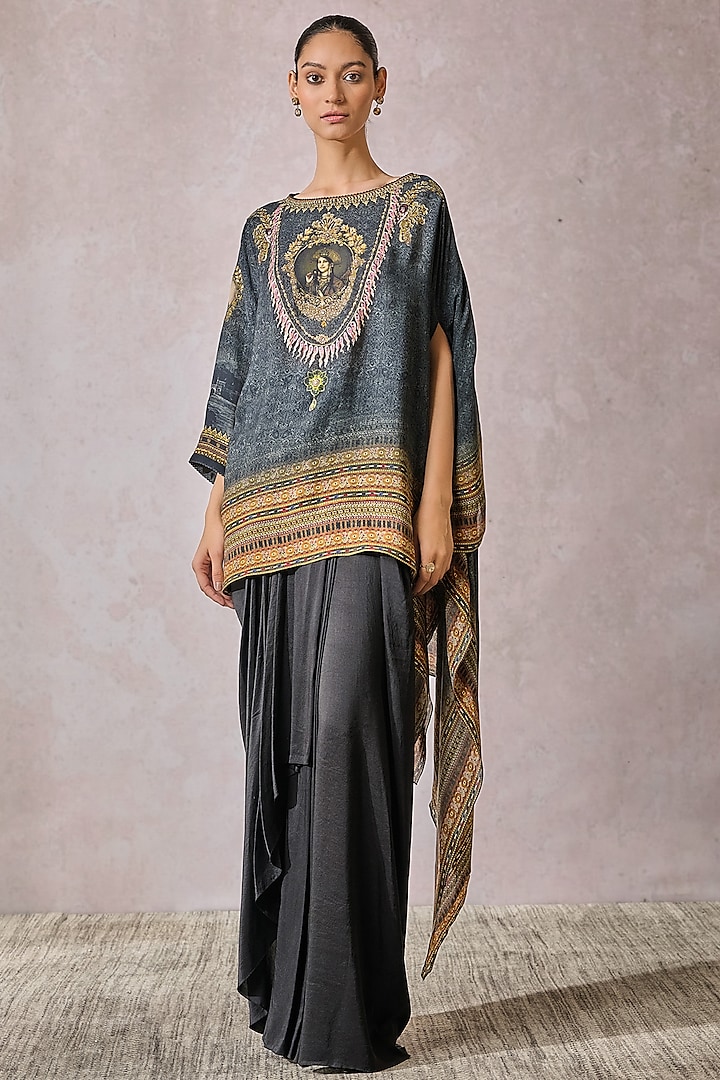 Black Georgette Printed Asymmetric Top by Tarun Tahiliani at Pernia's Pop Up Shop