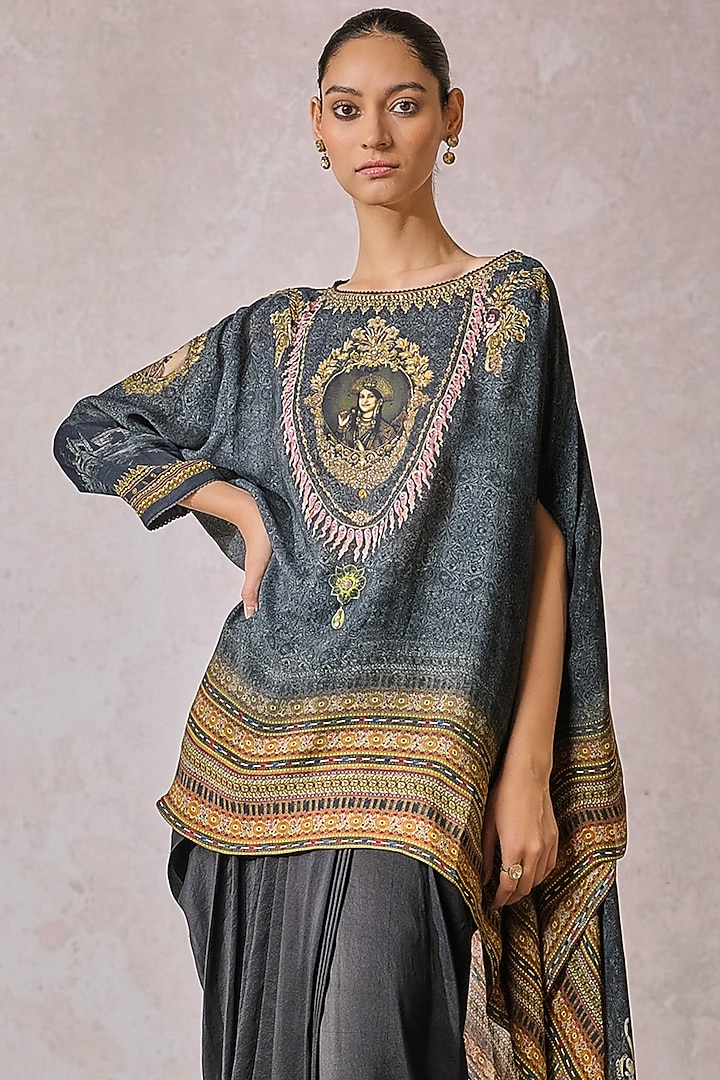 Black Georgette Printed Asymmetric Top by Tarun Tahiliani at Pernia's Pop Up Shop