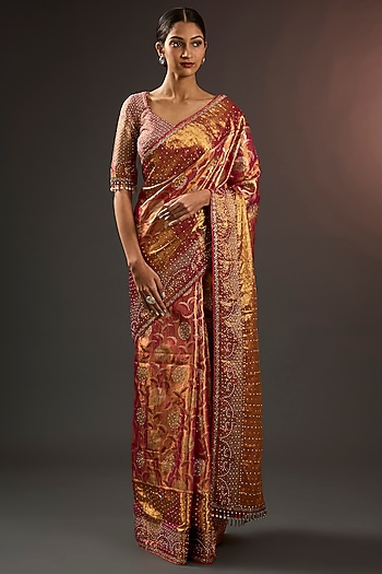 Gold & Red Kanjivaram Crystal Studded Saree Set by Tarun Tahiliani