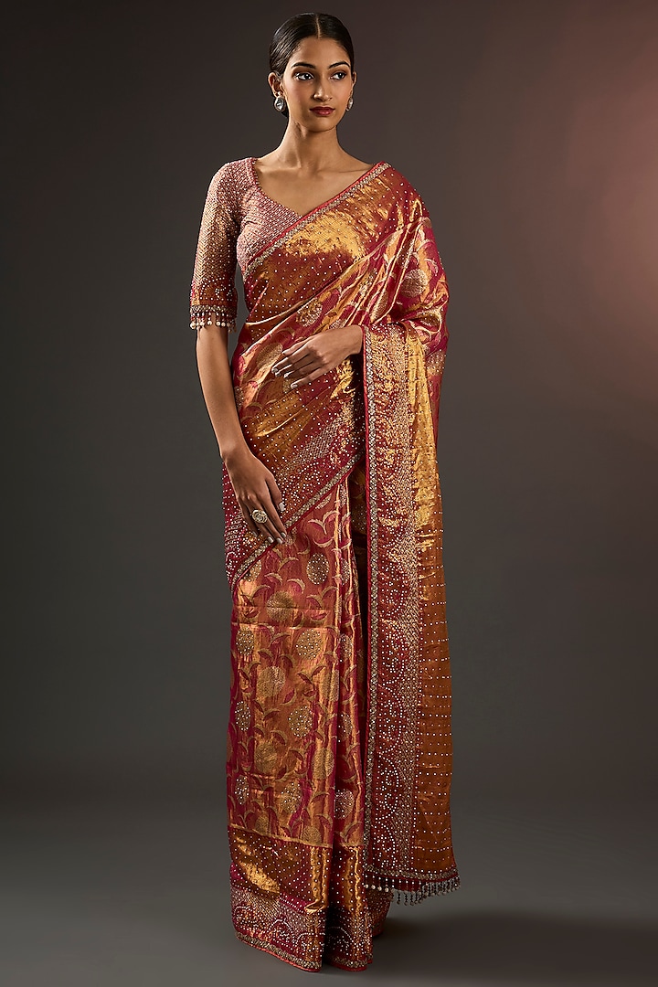 Gold & Red Kanjivaram Crystal Studded Saree Set by Tarun Tahiliani at Pernia's Pop Up Shop