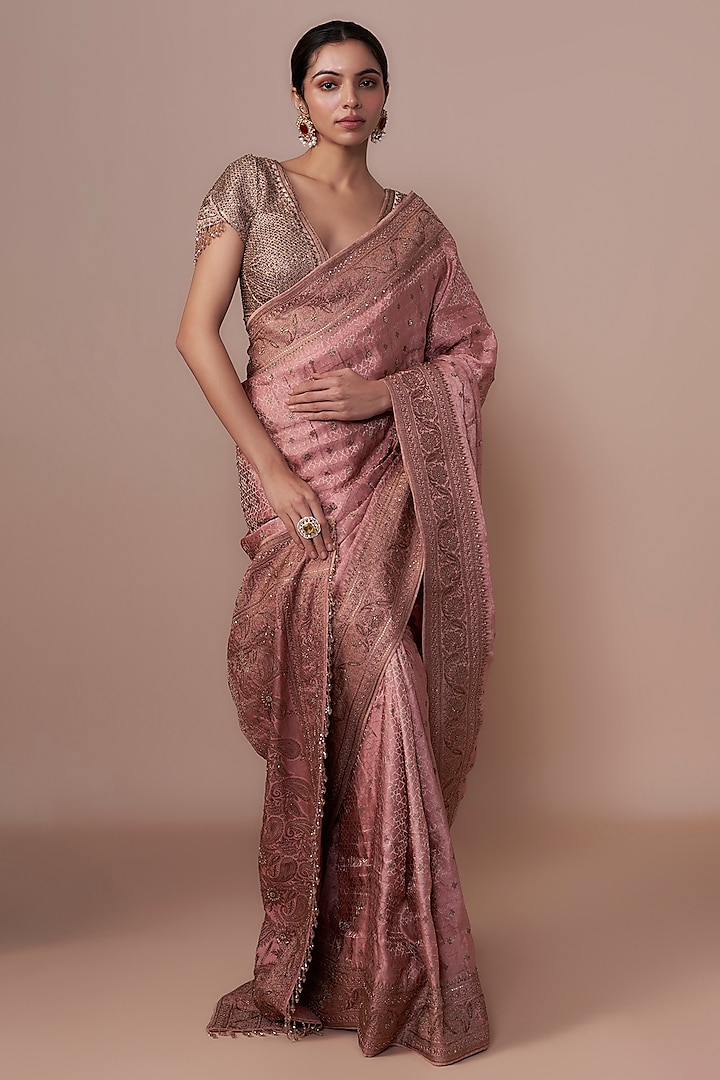 Old Rose Brocade Saree Set by Tarun Tahiliani at Pernia's Pop Up Shop