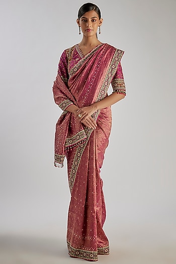 Onion Pink Banarasi Brocade Crystal Embellished Saree Set by Tarun Tahiliani