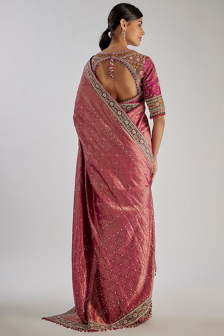 Onion Pink Banarasi Brocade Crystal Embellished Bridal Saree Set by Tarun Tahiliani at Pernia's Pop Up Shop