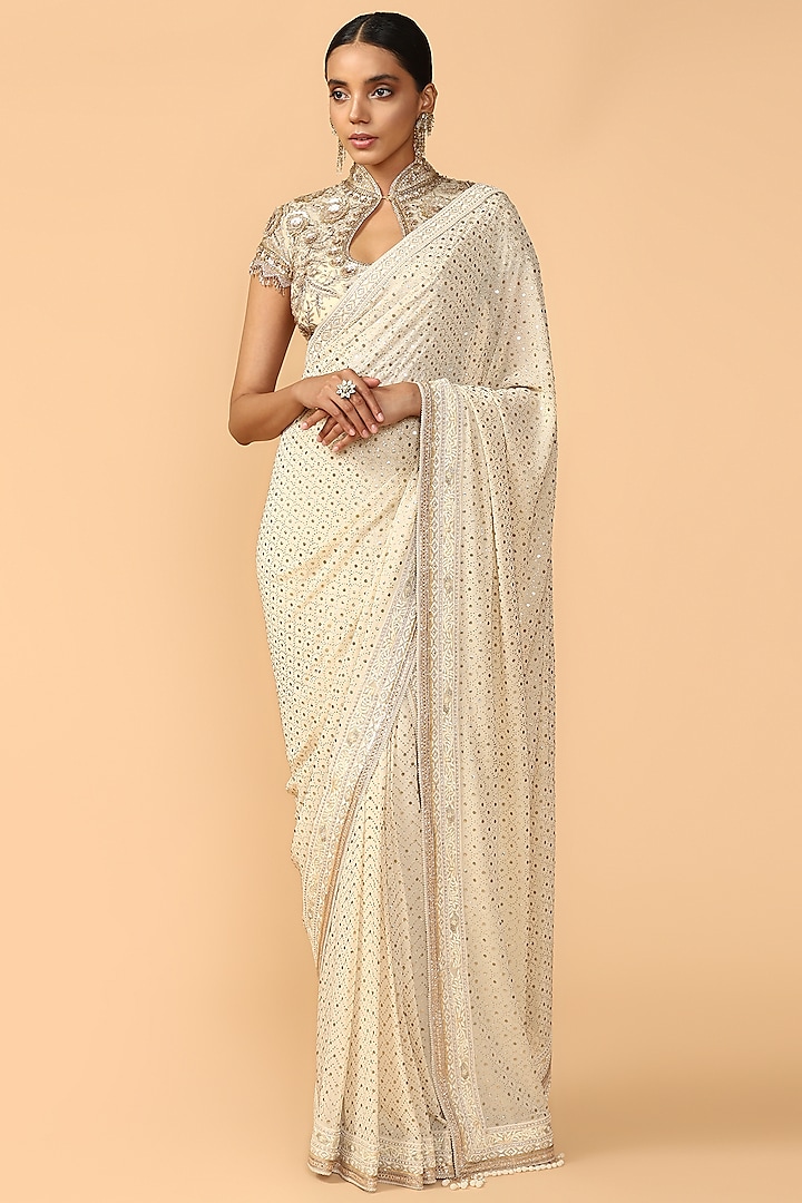 Ivory Embroidered Two-Piece Saree Set by Tarun Tahiliani at Pernia's Pop Up Shop