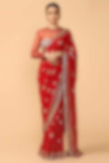 Red Mukaish Embroidered Bridal Saree Set by Tarun Tahiliani at Pernia's Pop Up Shop