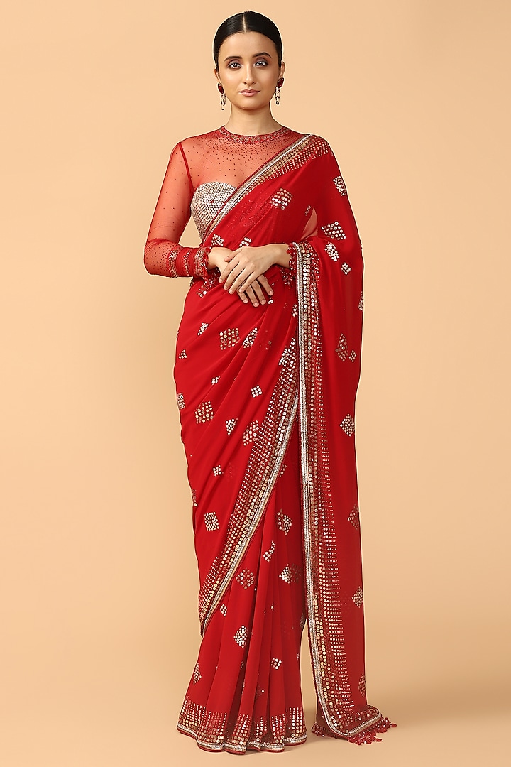 Red Mukaish Embroidered Saree Set by Tarun Tahiliani