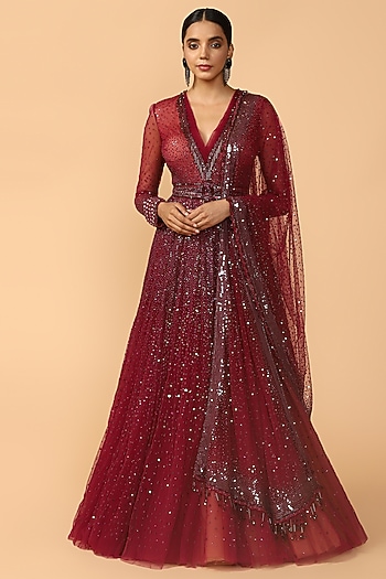 Wine Kalidar Embroidered Anarkali Set by Tarun Tahiliani