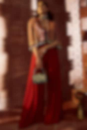 Red Draped Party Wear Dress With Gilet Jacket by Tarun Tahiliani at Pernia's Pop Up Shop