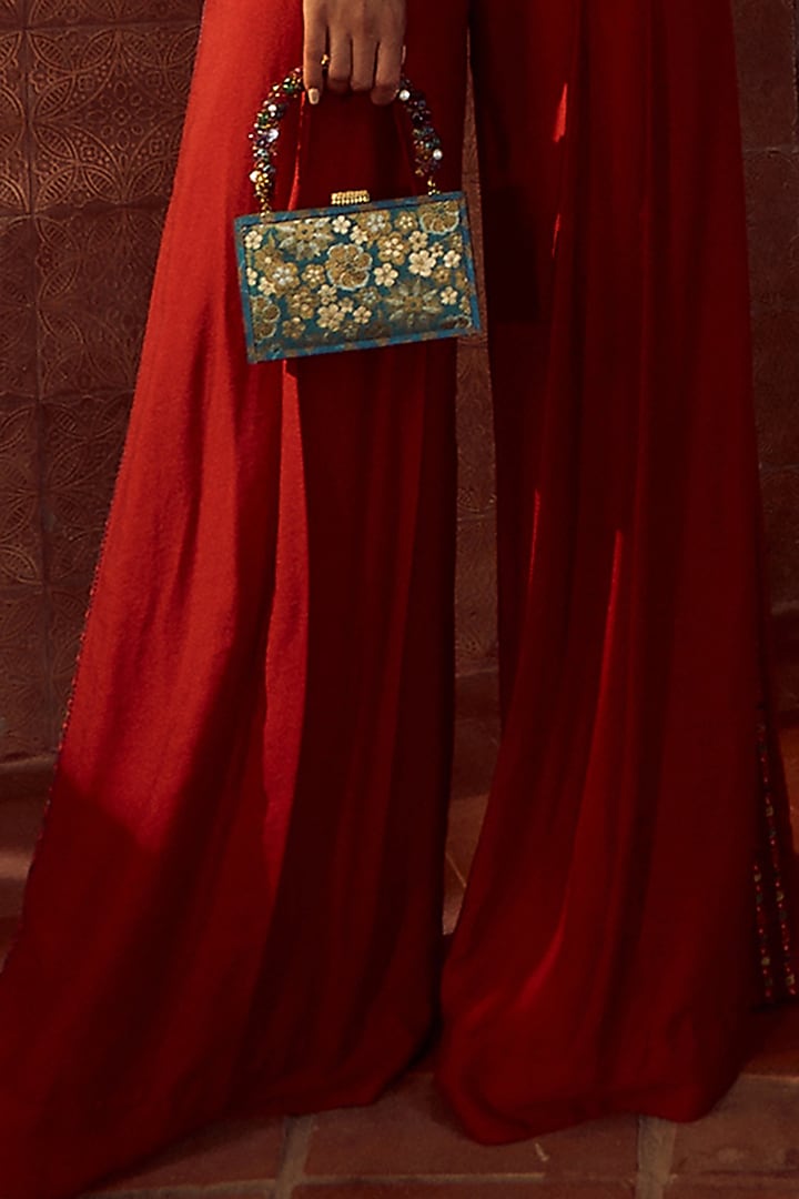 Red Draped Party Wear Dress With Gilet Jacket by Tarun Tahiliani at Pernia's Pop Up Shop
