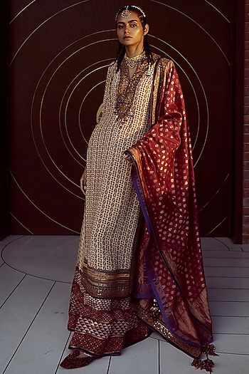 Red Embroidered Kurta Set by Tarun Tahiliani