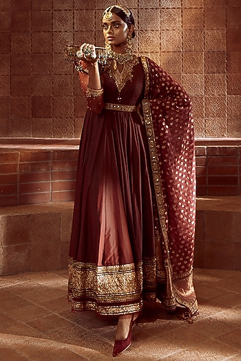 Wine Embroidered Anarkali Set by Tarun Tahiliani