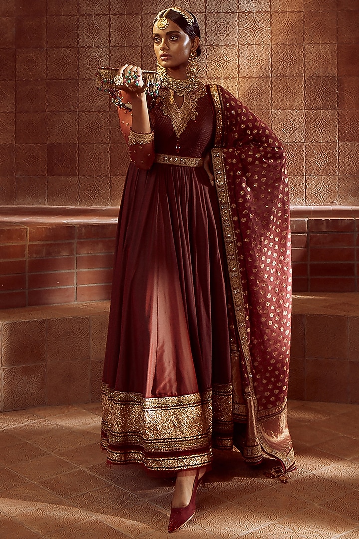 Wine Embroidered Bridal Anarkali Set by Tarun Tahiliani at Pernia's Pop Up Shop