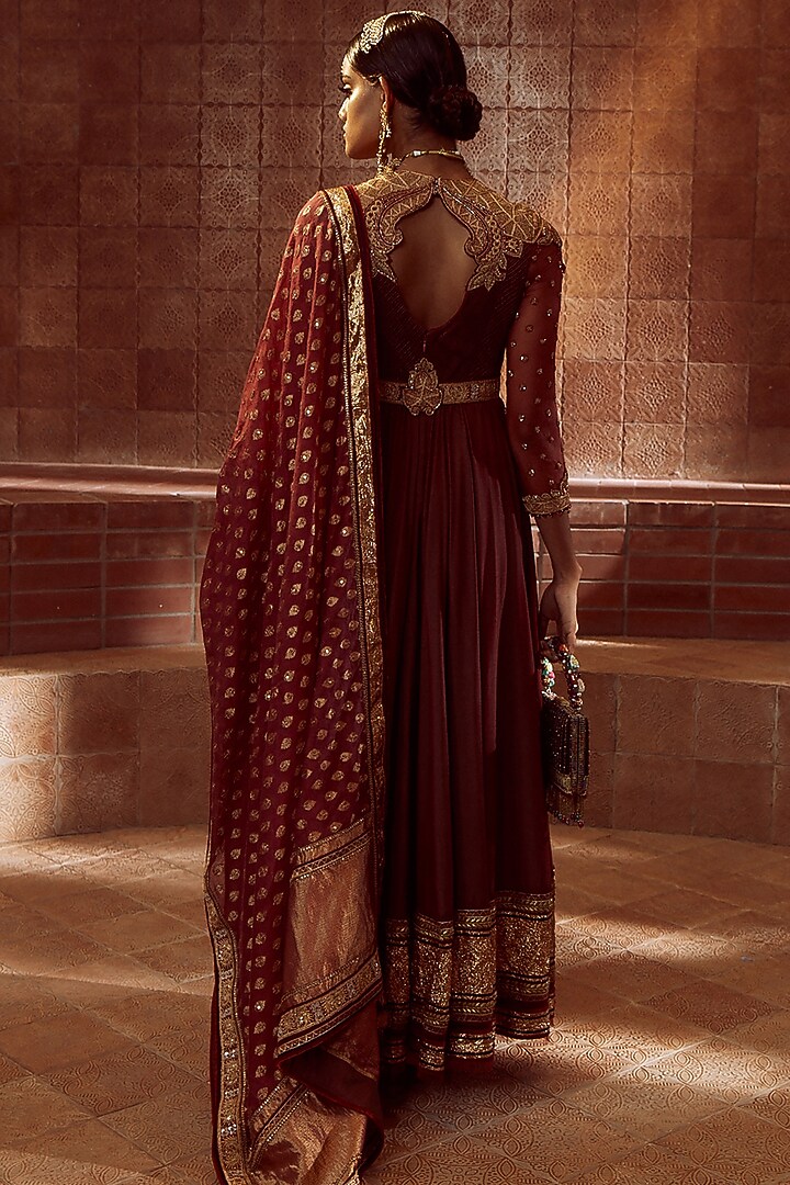 Wine Embroidered Bridal Anarkali Set by Tarun Tahiliani at Pernia's Pop Up Shop