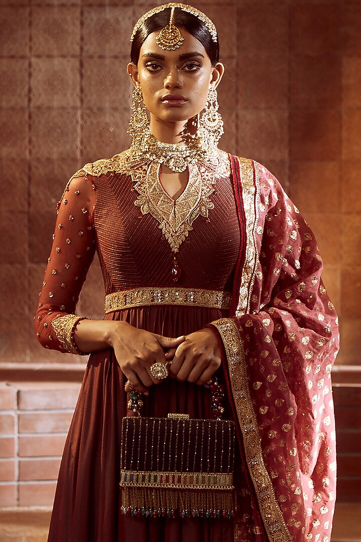 Wine Embroidered Bridal Anarkali Set by Tarun Tahiliani at Pernia's Pop Up Shop