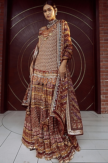 Deep Red Chanderi Brocade Sharara Set by Tarun Tahiliani