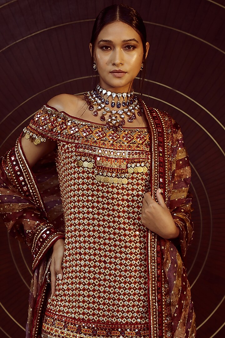Deep Red Chanderi Brocade Bridal Sharara Set by Tarun Tahiliani at Pernia's Pop Up Shop