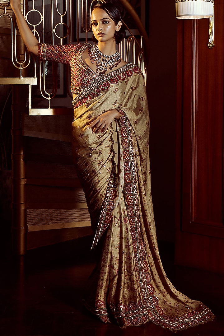 Gold Embroidered Saree Set by Tarun Tahiliani