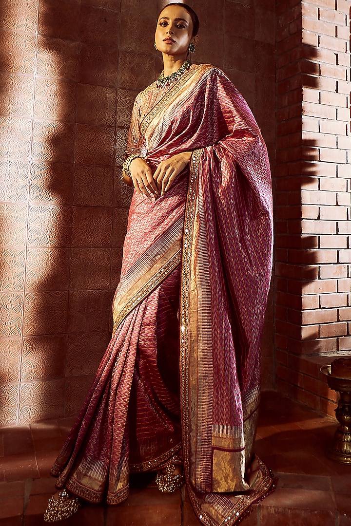 Magenta Silk Ikat Embroidered Saree Set by Tarun Tahiliani